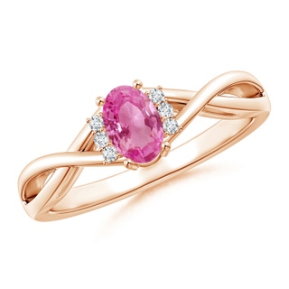 6x4mm AAA Oval Pink Sapphire Crossover Ring with Diamond Accents in 10K Rose Gold