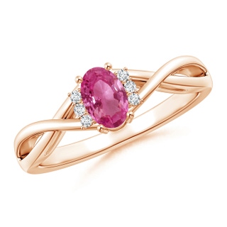 6x4mm AAAA Oval Pink Sapphire Crossover Ring with Diamond Accents in 10K Rose Gold