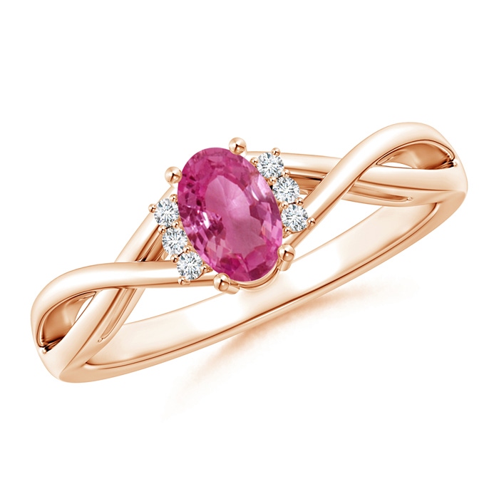 6x4mm AAAA Oval Pink Sapphire Crossover Ring with Diamond Accents in Rose Gold 