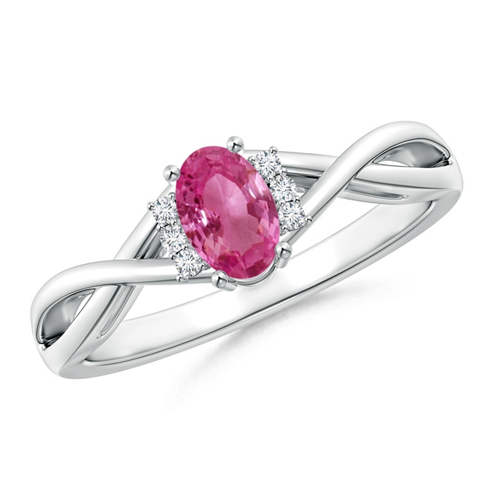 6x4mm AAAA Oval Pink Sapphire Crossover Ring with Diamond Accents in White Gold