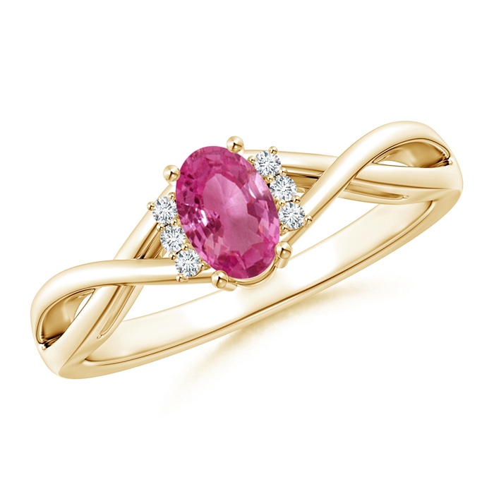 6x4mm AAAA Oval Pink Sapphire Crossover Ring with Diamond Accents in Yellow Gold