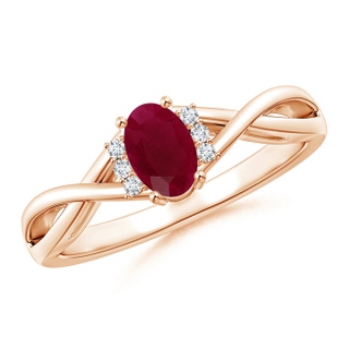 6x4mm A Oval Ruby Crossover Ring with Diamond Accents in Rose Gold