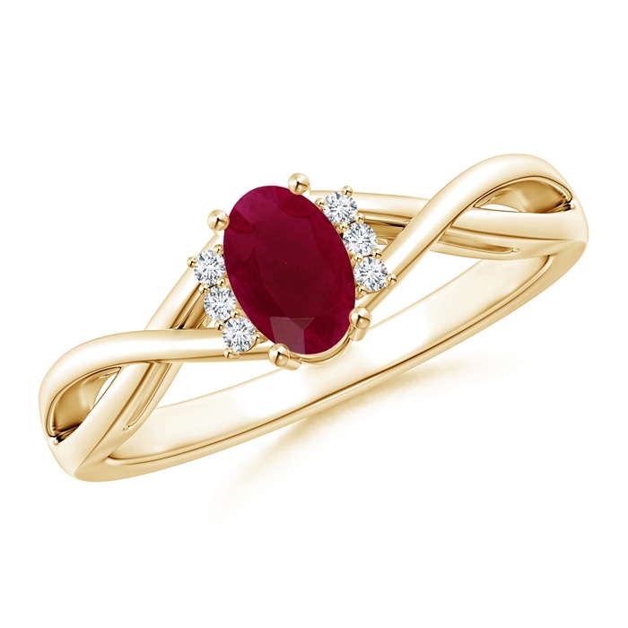 6x4mm A Oval Ruby Crossover Ring with Diamond Accents in Yellow Gold 