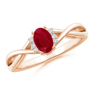 6x4mm AA Oval Ruby Crossover Ring with Diamond Accents in 9K Rose Gold