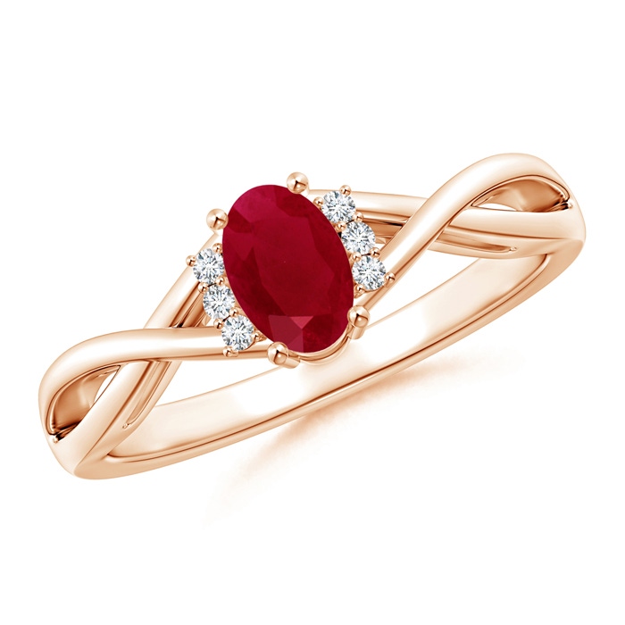 6x4mm AA Oval Ruby Crossover Ring with Diamond Accents in Rose Gold 