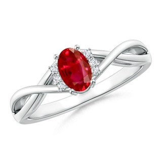 6x4mm AAA Oval Ruby Crossover Ring with Diamond Accents in 9K White Gold