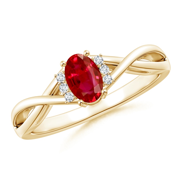 6x4mm AAA Oval Ruby Crossover Ring with Diamond Accents in Yellow Gold