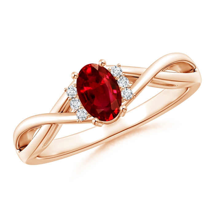 6x4mm AAAA Oval Ruby Crossover Ring with Diamond Accents in Rose Gold 