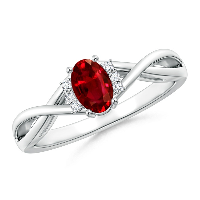 6x4mm AAAA Oval Ruby Crossover Ring with Diamond Accents in White Gold