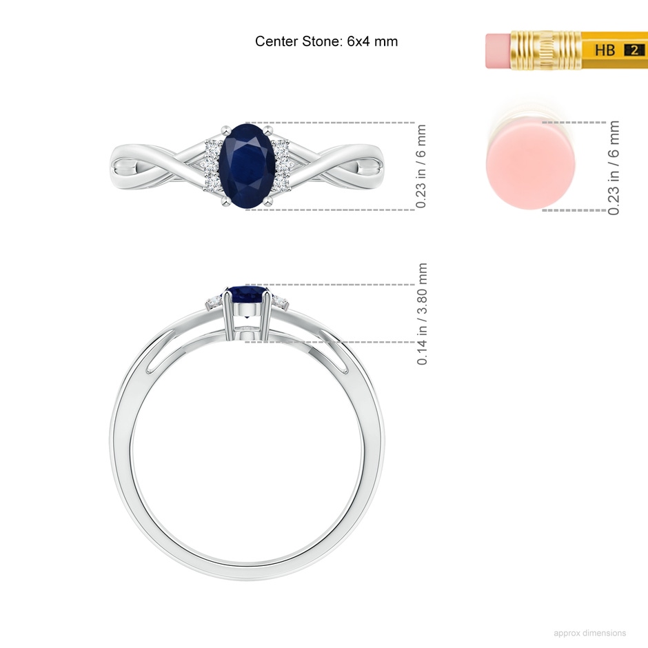 6x4mm A Oval Blue Sapphire Crossover Ring with Diamond Accents in 18K White Gold ruler