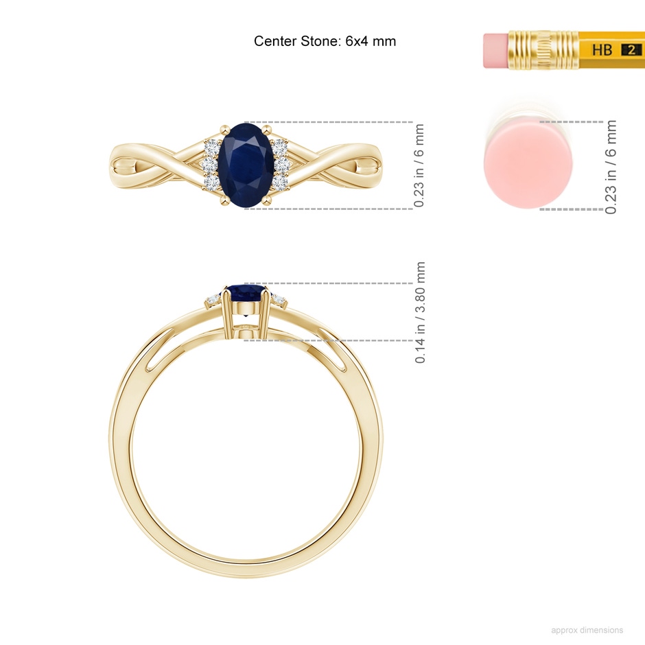 6x4mm A Oval Blue Sapphire Crossover Ring with Diamond Accents in 18K Yellow Gold ruler