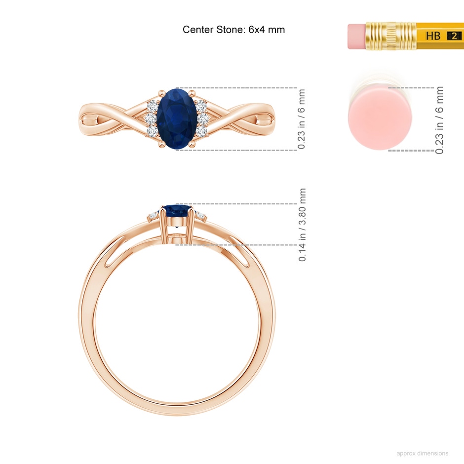 6x4mm AA Oval Blue Sapphire Crossover Ring with Diamond Accents in 18K Rose Gold ruler