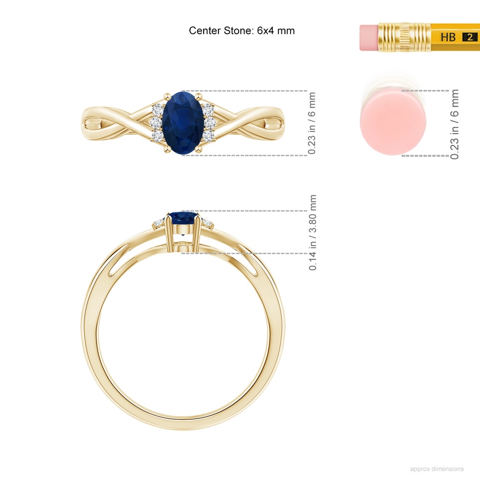 6x4mm AA Oval Blue Sapphire Crossover Ring with Diamond Accents in Yellow Gold ruler