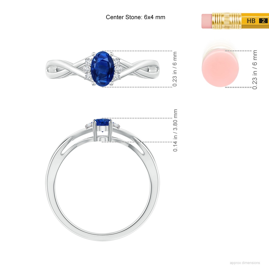 6x4mm AAA Oval Blue Sapphire Crossover Ring with Diamond Accents in 18K White Gold ruler