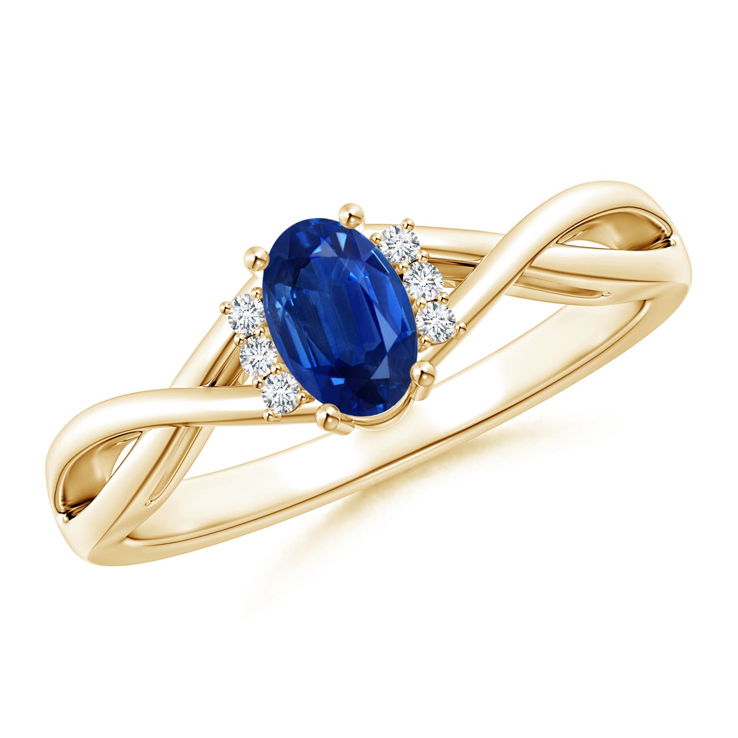6x4mm AAA Oval Blue Sapphire Crossover Ring with Diamond Accents in 18CT Yellow Gold