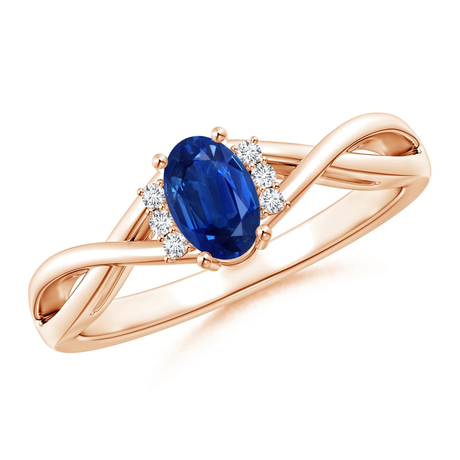 6x4mm AAA Oval Blue Sapphire Crossover Ring with Diamond Accents in Rose Gold 