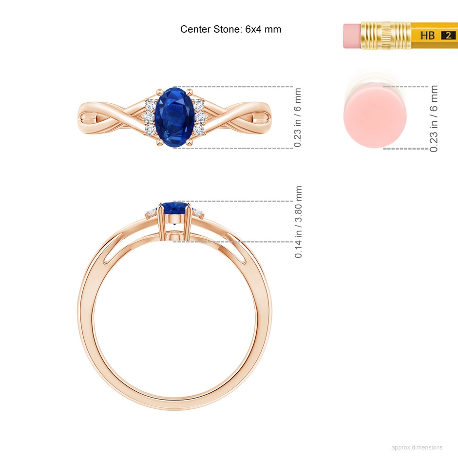 6x4mm AAA Oval Blue Sapphire Crossover Ring with Diamond Accents in Rose Gold ruler