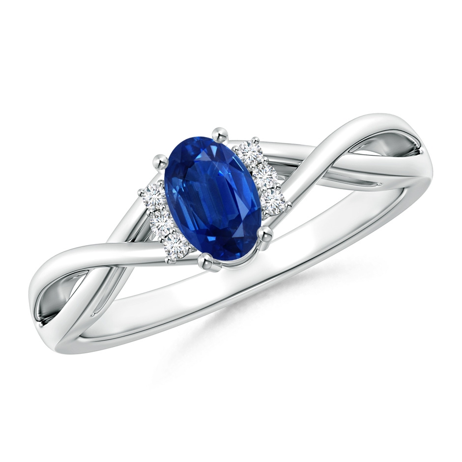 6x4mm AAA Oval Blue Sapphire Crossover Ring with Diamond Accents in White Gold 