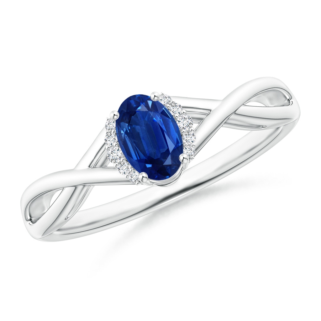 6x4mm AAA Oval Blue Sapphire Crossover Ring with Diamond Accents in White Gold