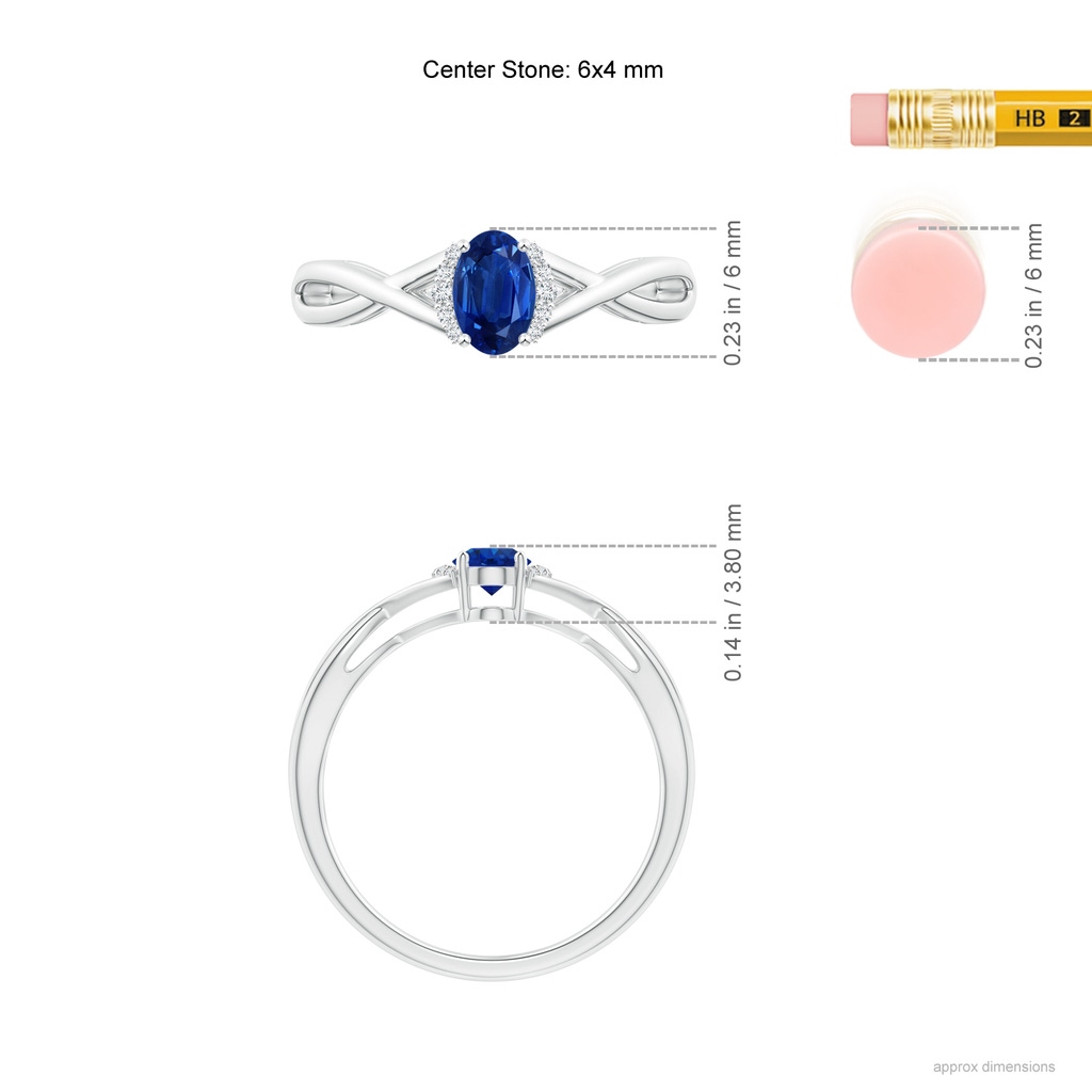 6x4mm AAA Oval Blue Sapphire Crossover Ring with Diamond Accents in White Gold ruler