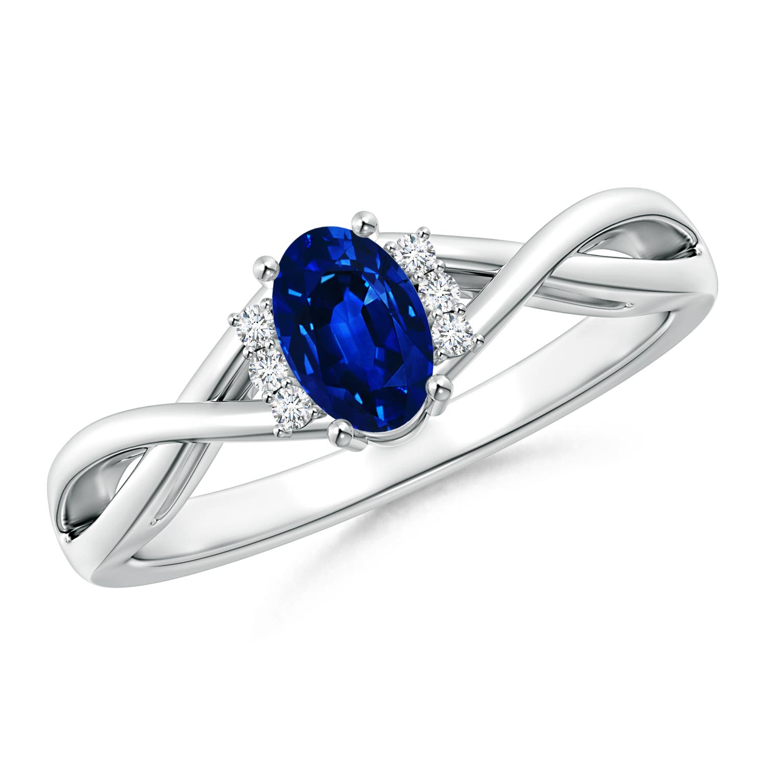 6x4mm AAAA Oval Blue Sapphire Crossover Ring with Diamond Accents in 18K White Gold