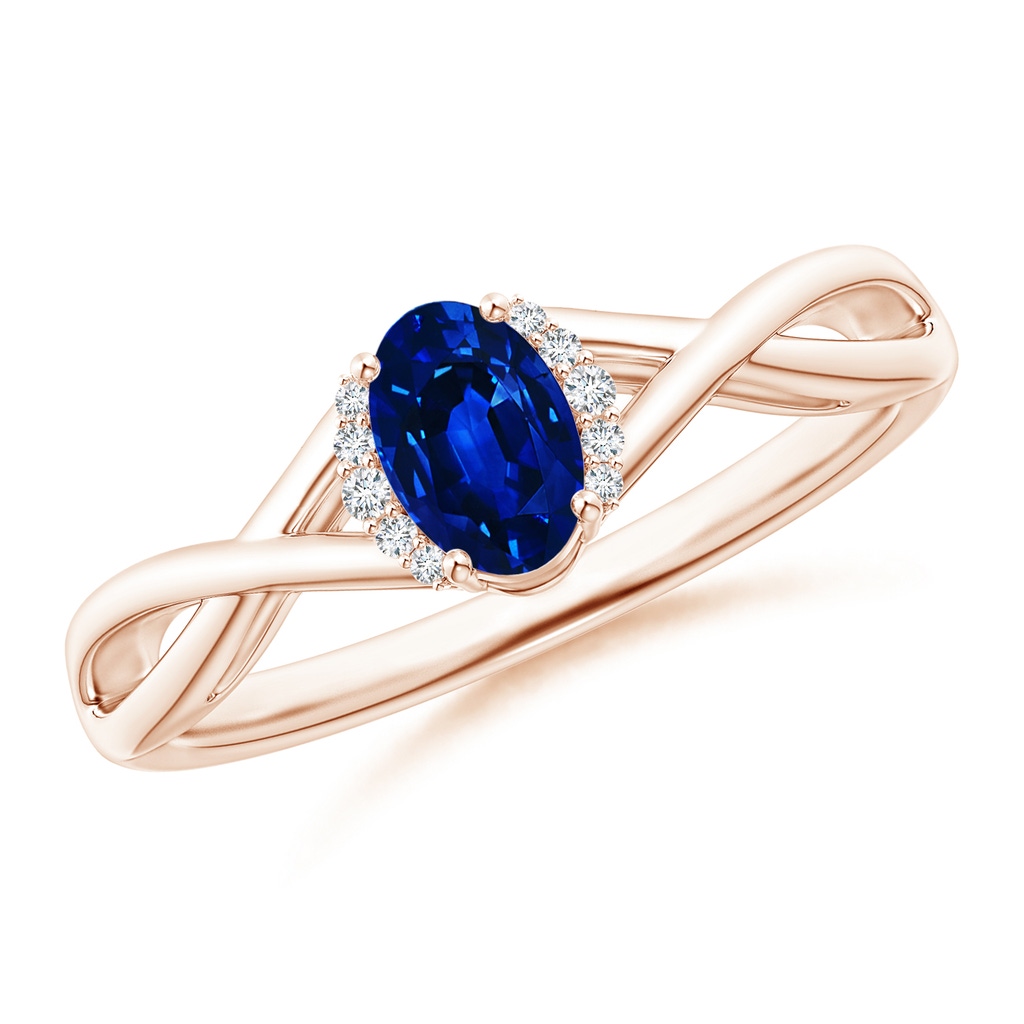 6x4mm AAAA Oval Blue Sapphire Crossover Ring with Diamond Accents in Rose Gold