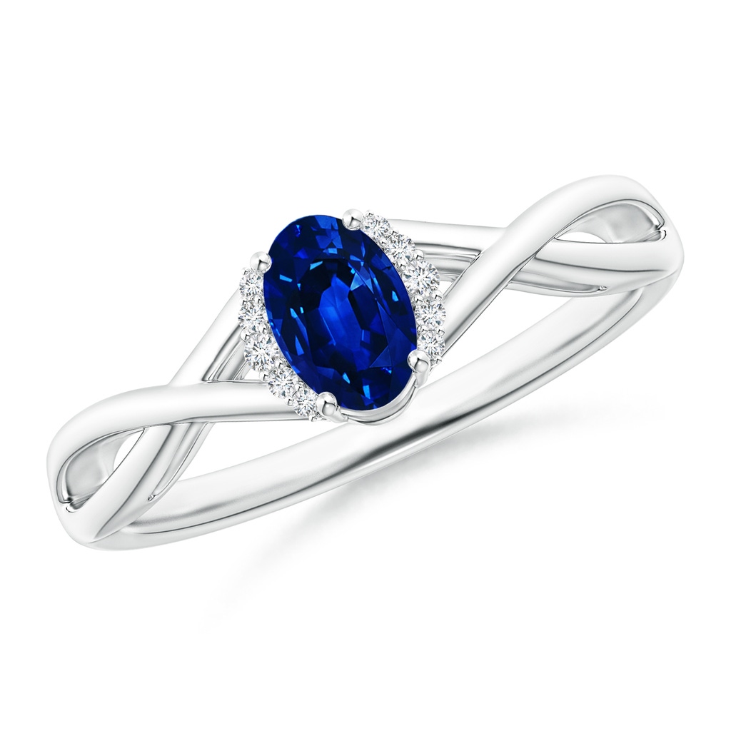 6x4mm AAAA Oval Blue Sapphire Crossover Ring with Diamond Accents in White Gold