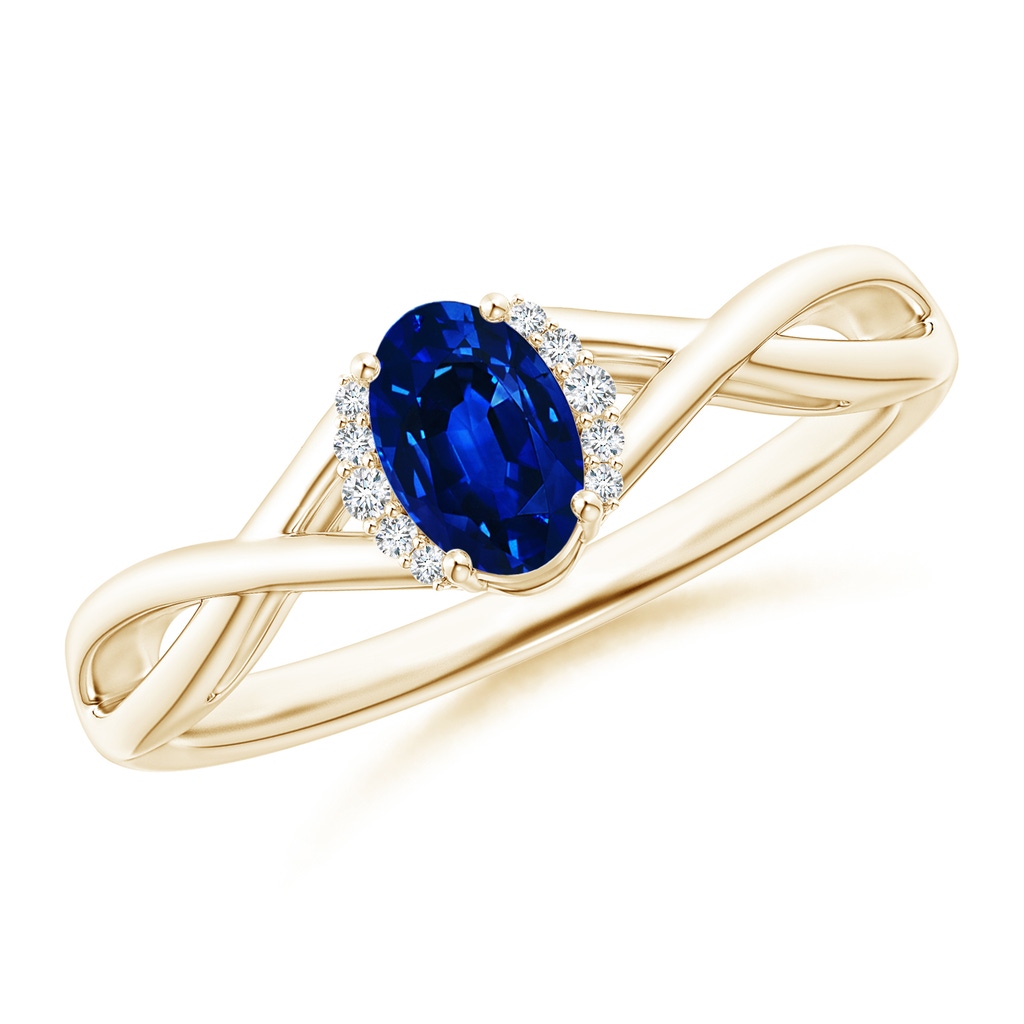 6x4mm AAAA Oval Blue Sapphire Crossover Ring with Diamond Accents in Yellow Gold