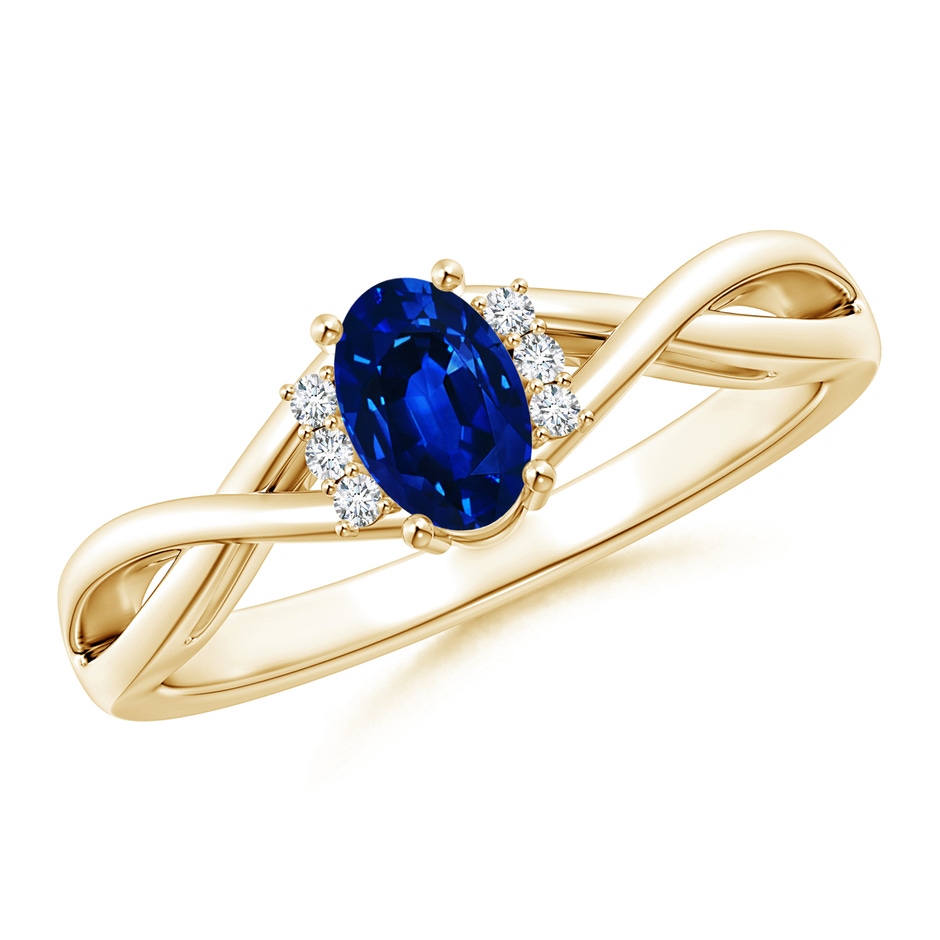 6x4mm AAAA Oval Blue Sapphire Crossover Ring with Diamond Accents in Yellow Gold 