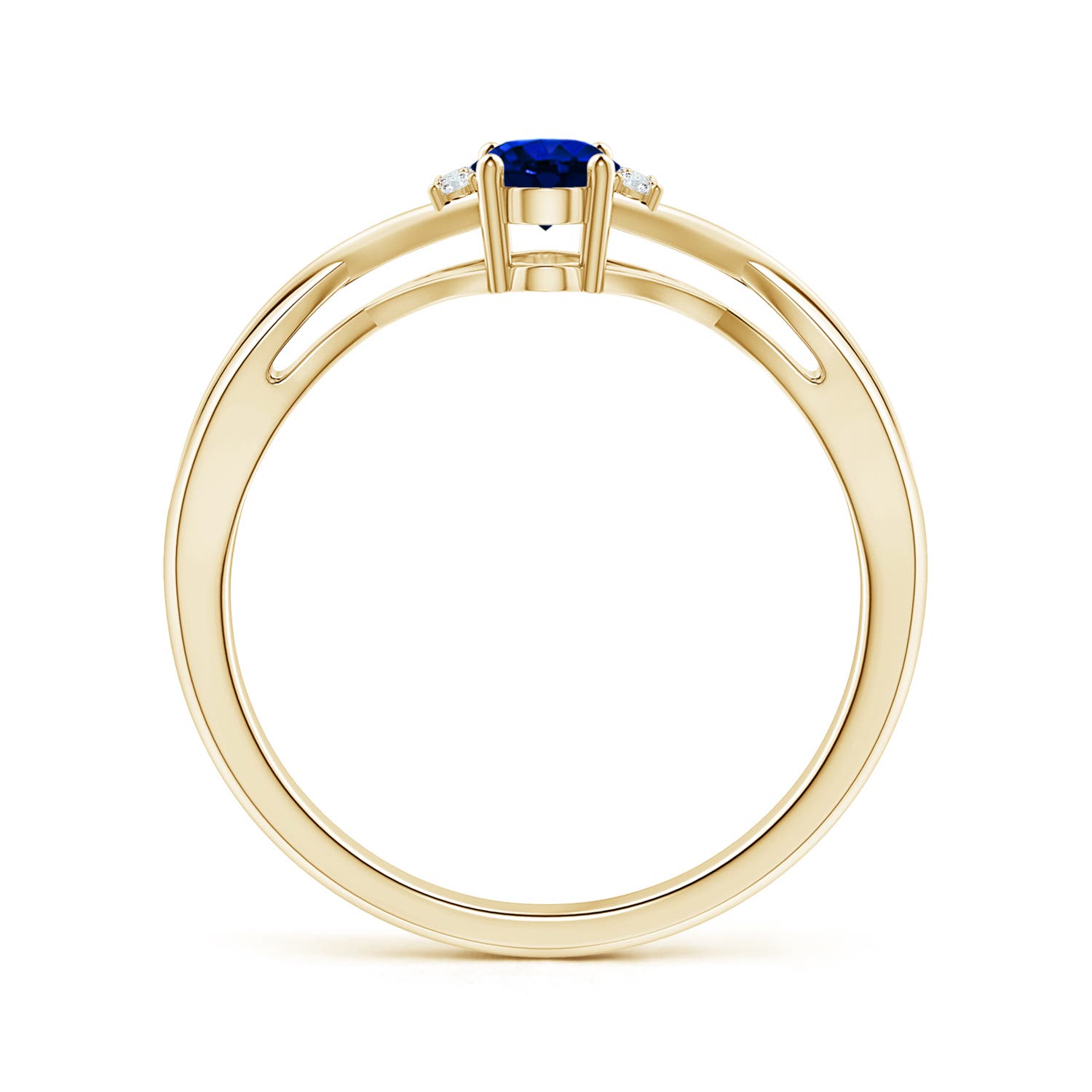 6x4mm AAAA Oval Blue Sapphire Crossover Ring with Diamond Accents in Yellow Gold
