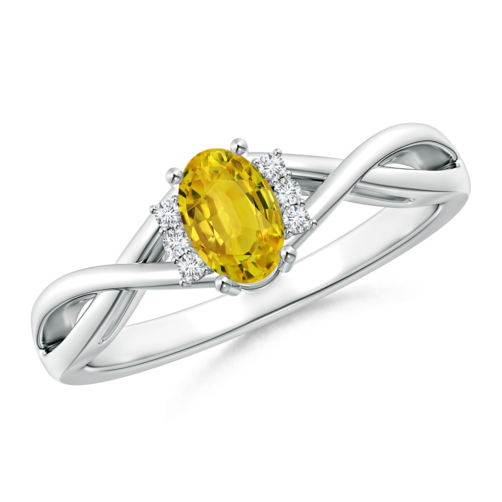 6x4mm AAAA Oval Yellow Sapphire Crossover Ring with Diamond Accents in White Gold