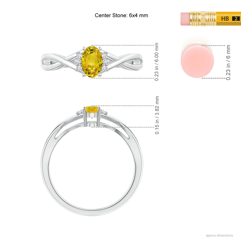 6x4mm AAAA Oval Yellow Sapphire Crossover Ring with Diamond Accents in White Gold Ruler