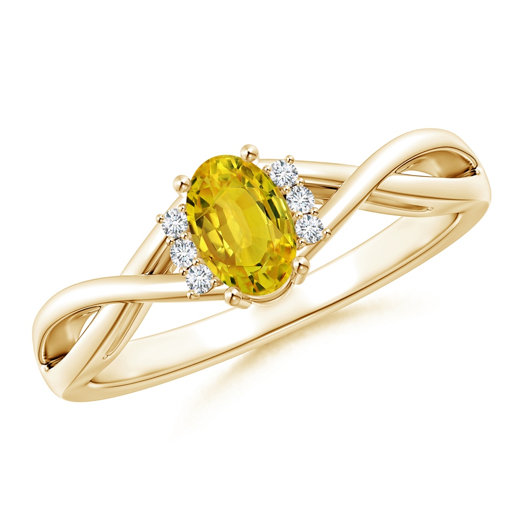 6x4mm AAAA Oval Yellow Sapphire Crossover Ring with Diamond Accents in Yellow Gold