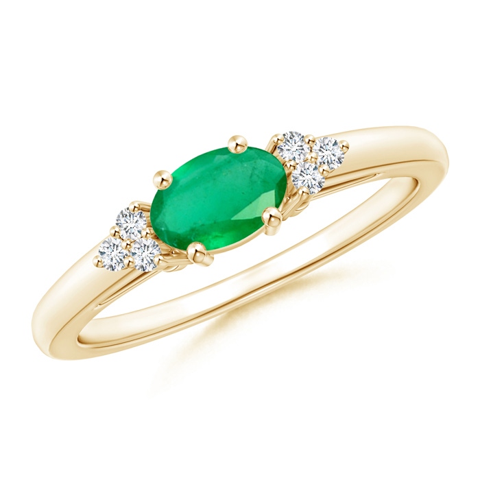 6x4mm A East-West Emerald Solitaire Ring with Diamonds in Yellow Gold 