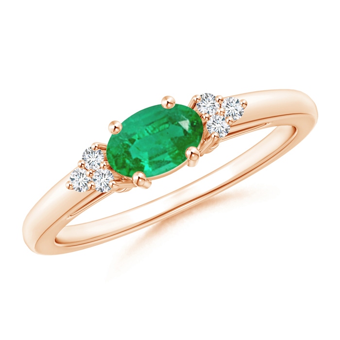 6x4mm AA East-West Emerald Solitaire Ring with Diamonds in Rose Gold 