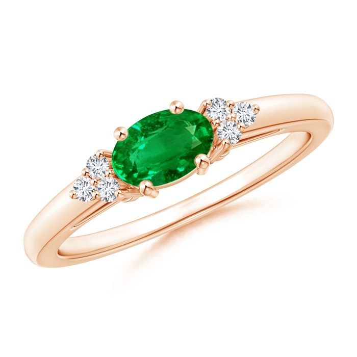 6x4mm AAAA East-West Emerald Solitaire Ring with Diamonds in Rose Gold 