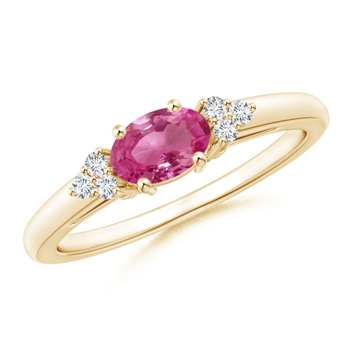 6x4mm AAAA East-West Pink Sapphire Solitaire Ring with Diamonds in Yellow Gold 