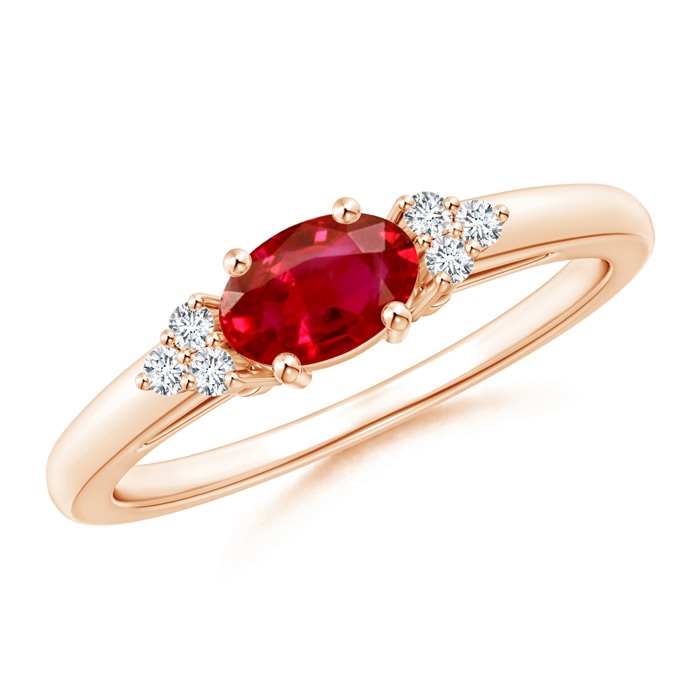 6x4mm AAA East-West Ruby Solitaire Ring with Diamonds in Rose Gold 