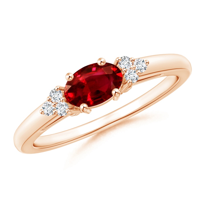 6x4mm AAAA East-West Ruby Solitaire Ring with Diamonds in Rose Gold