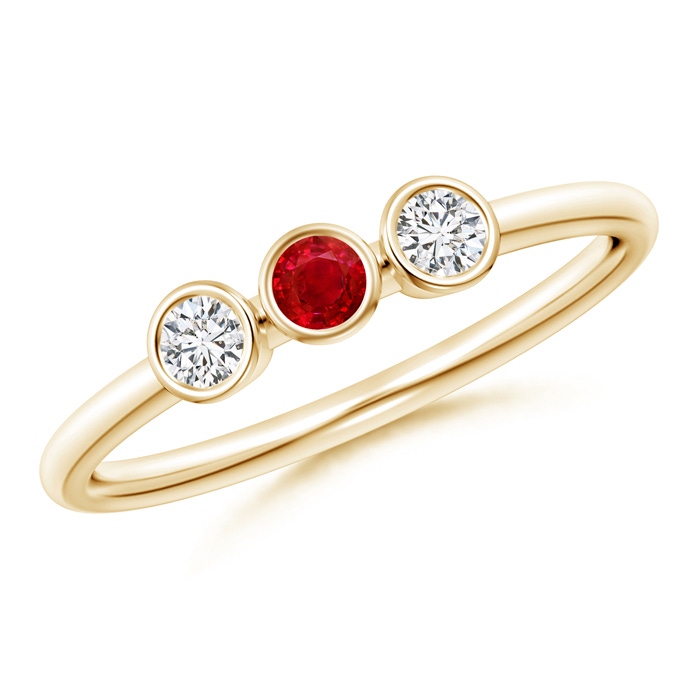 3mm AAA Classic Bezel-Set Ruby and Diamond Three Stone Ring in Yellow Gold