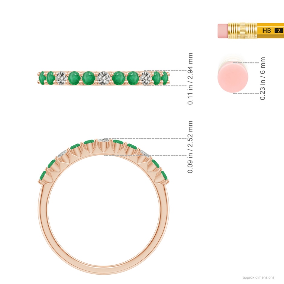 2mm A Round Emerald and Diamond Half Eternity Wedding Ring in Rose Gold ruler