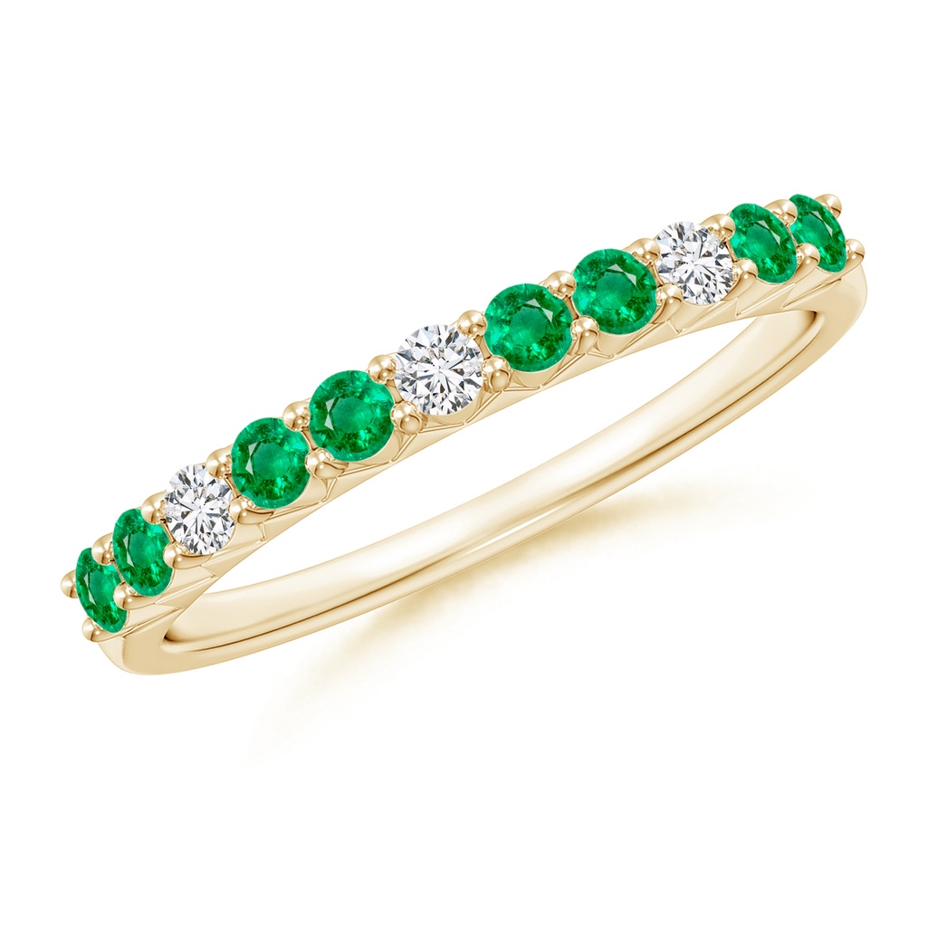 2mm AAA Round Emerald and Diamond Half Eternity Wedding Ring in 10K Yellow Gold
