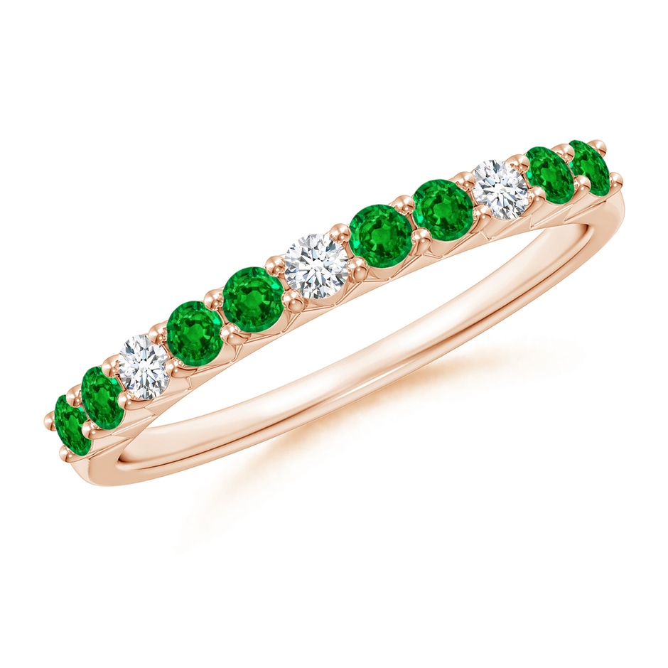 2mm AAAA Round Emerald and Diamond Half Eternity Wedding Ring in Rose Gold 