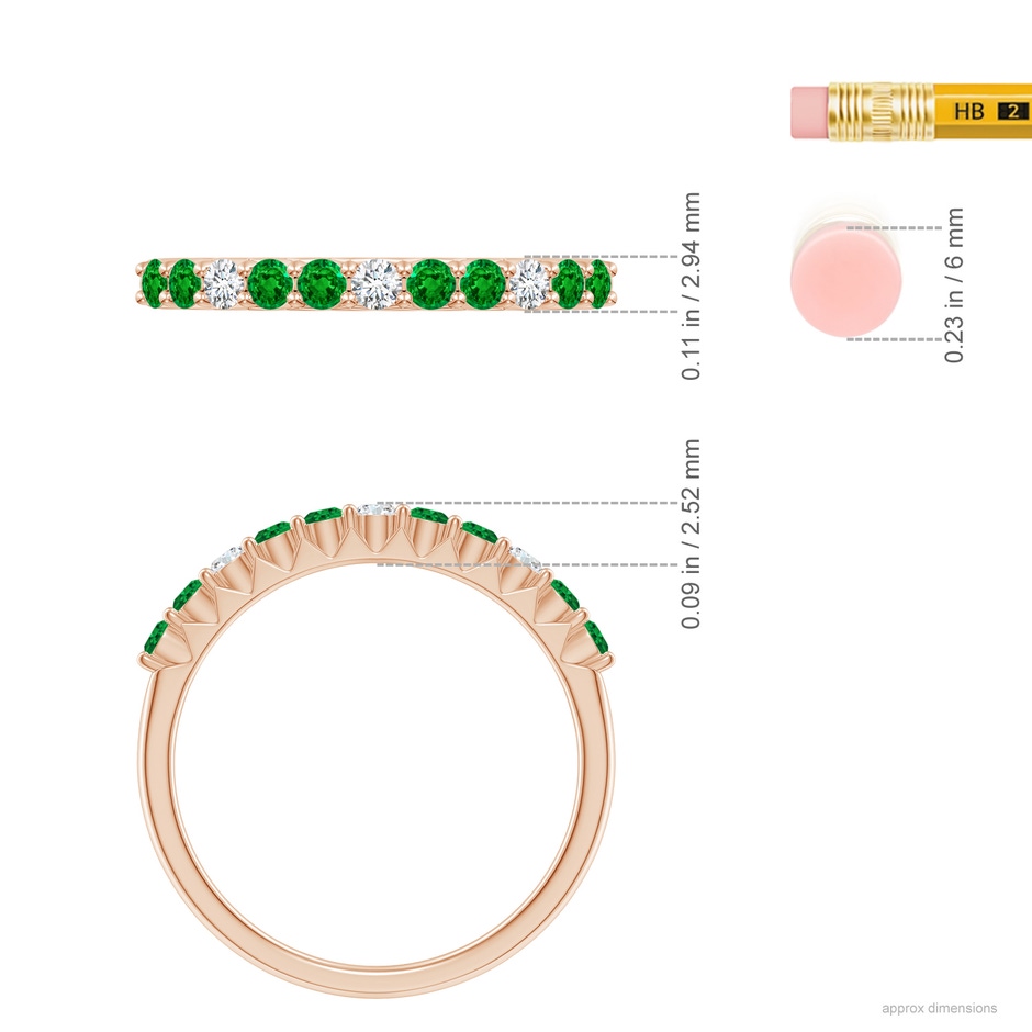 2mm AAAA Round Emerald and Diamond Half Eternity Wedding Ring in Rose Gold ruler