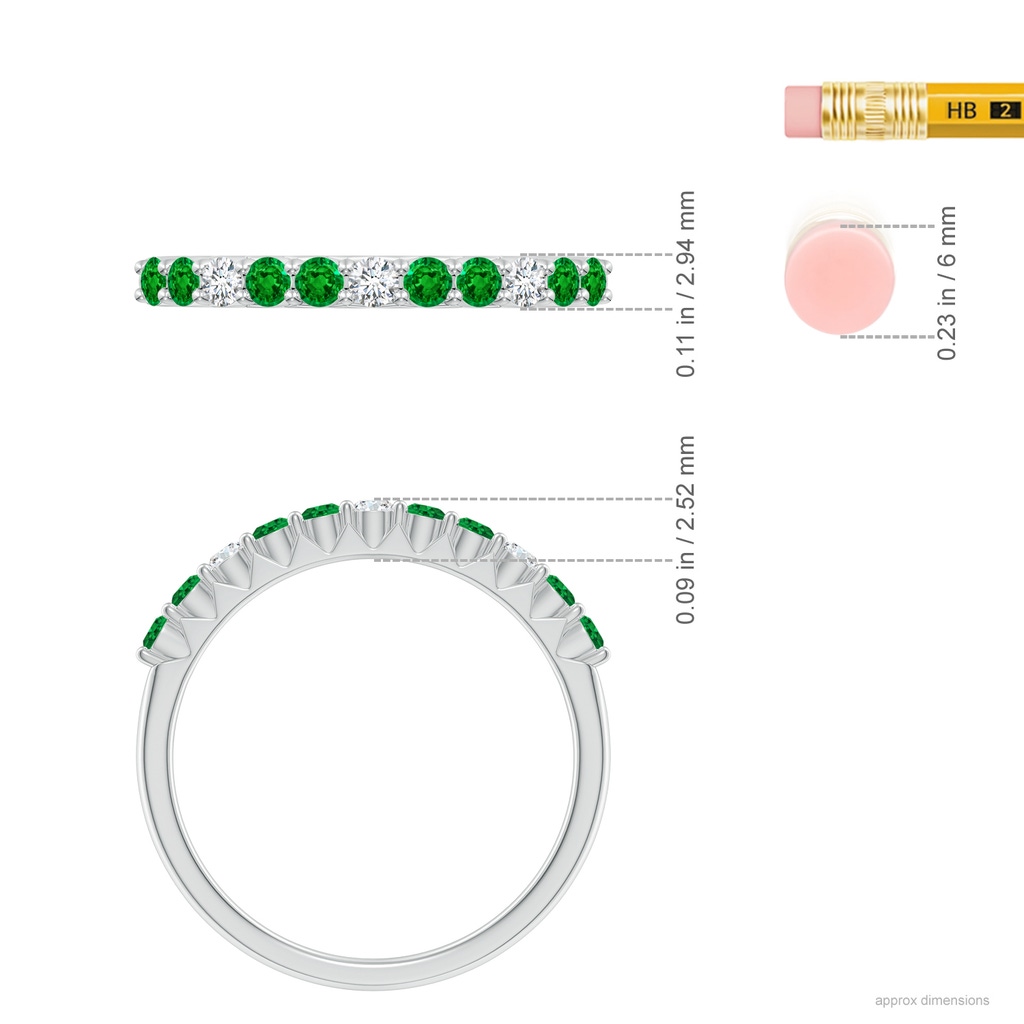 2mm AAAA Round Emerald and Diamond Half Eternity Wedding Ring in White Gold Ruler