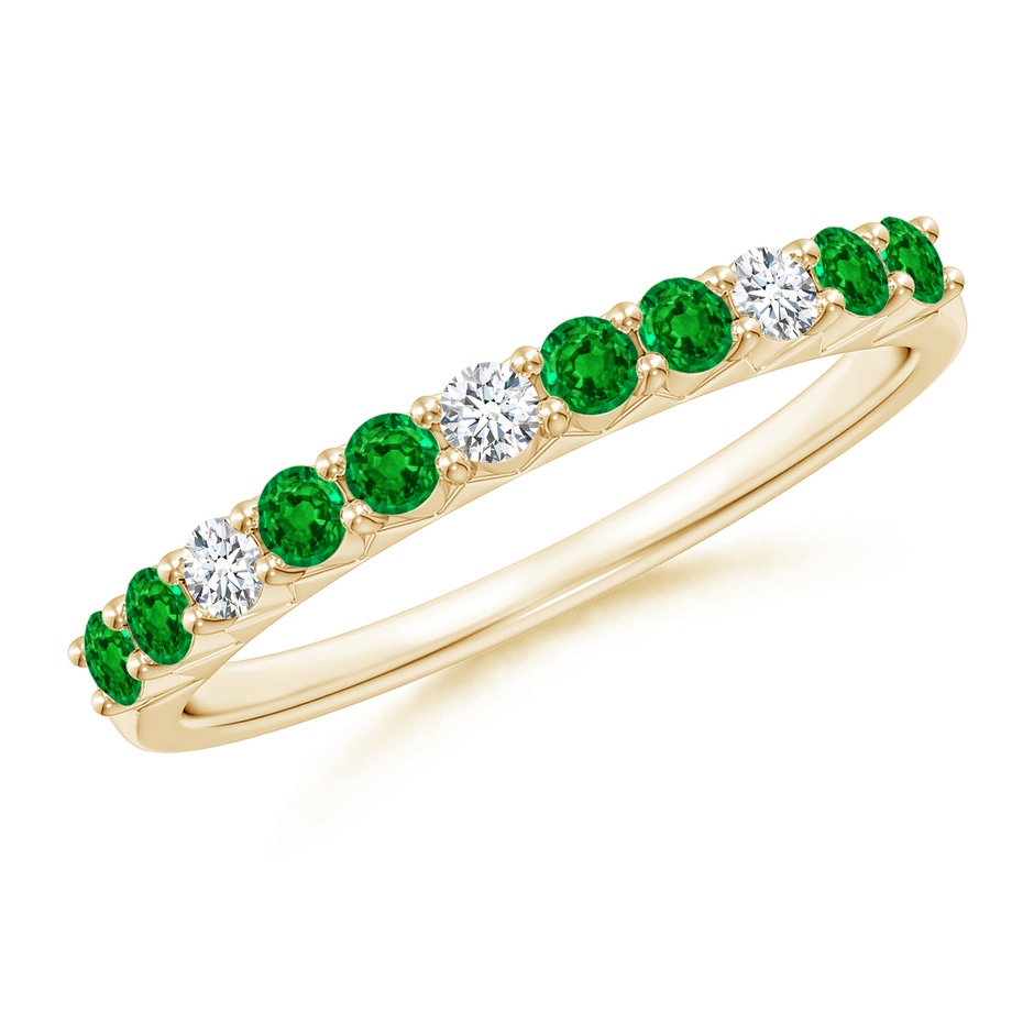2mm AAAA Round Emerald and Diamond Half Eternity Wedding Ring in Yellow Gold 