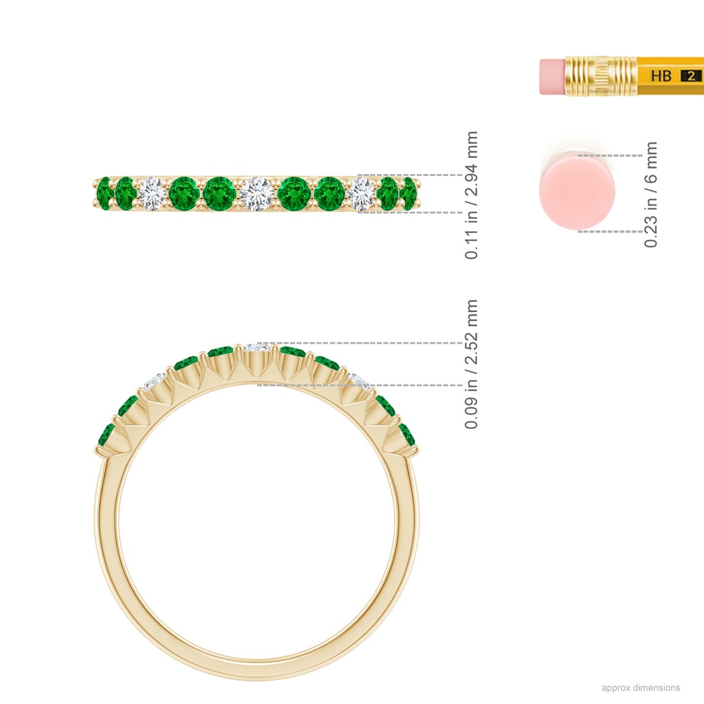 2mm AAAA Round Emerald and Diamond Half Eternity Wedding Ring in Yellow Gold Ruler