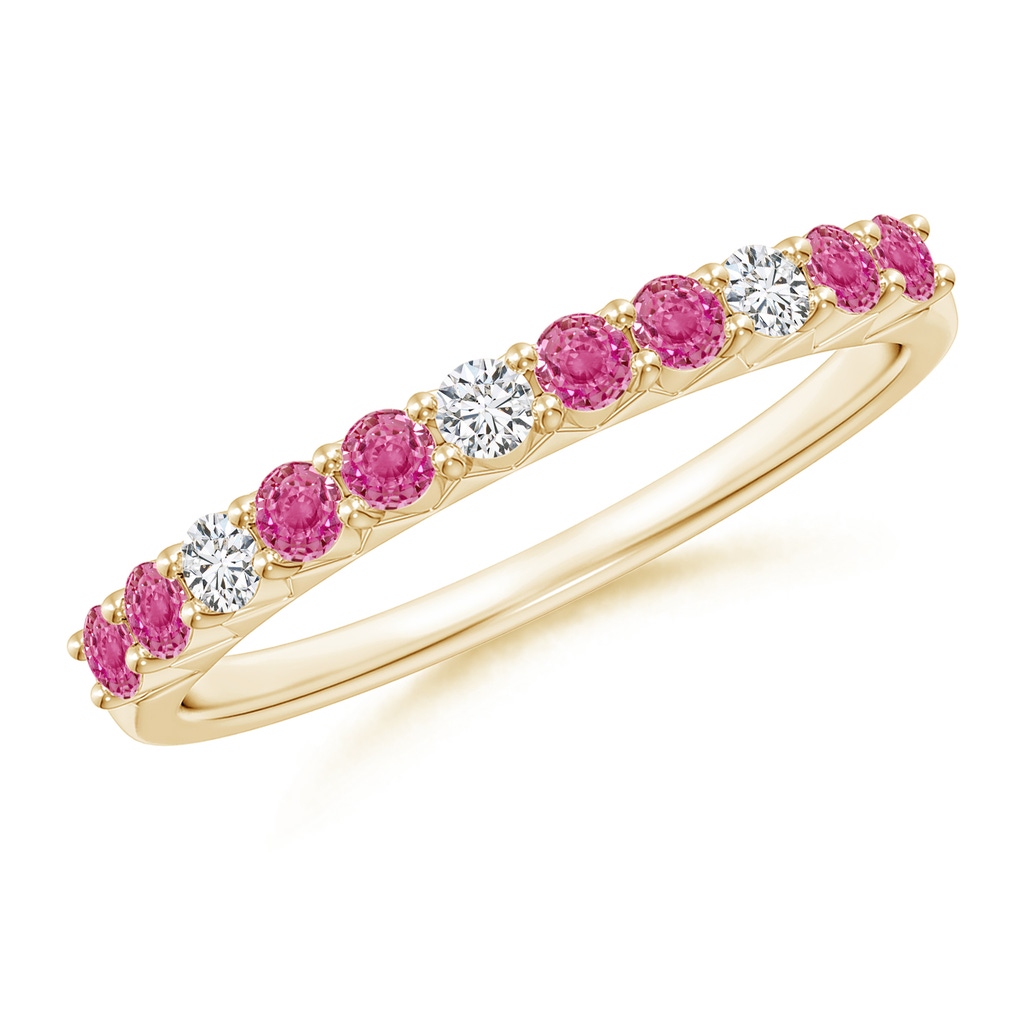 2mm AAA Round Pink Sapphire and Diamond Half Eternity Ring in 10K Yellow Gold