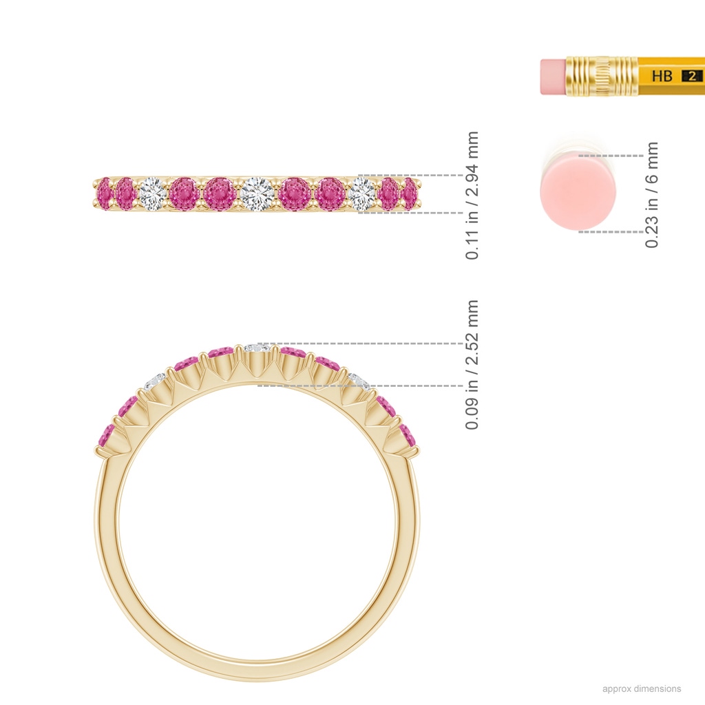 2mm AAA Round Pink Sapphire and Diamond Half Eternity Ring in 10K Yellow Gold Ruler