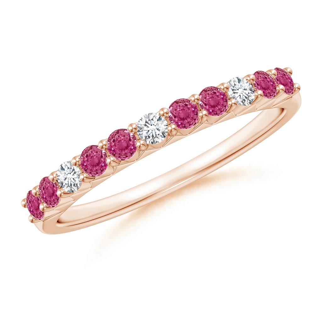2mm AAAA Round Pink Sapphire and Diamond Half Eternity Ring in Rose Gold
